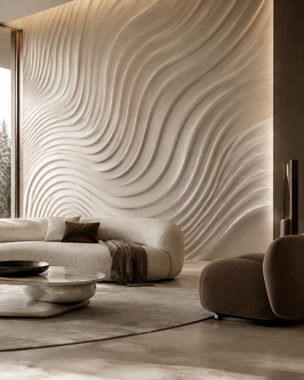 Illustrative sculpted solid surface feature wall